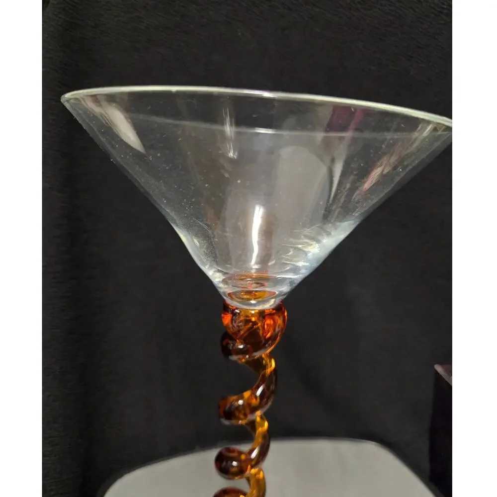 Amber Spiral Stem Martini Glass Clear Art Glass Cocktail Goblet Twisted Stem
